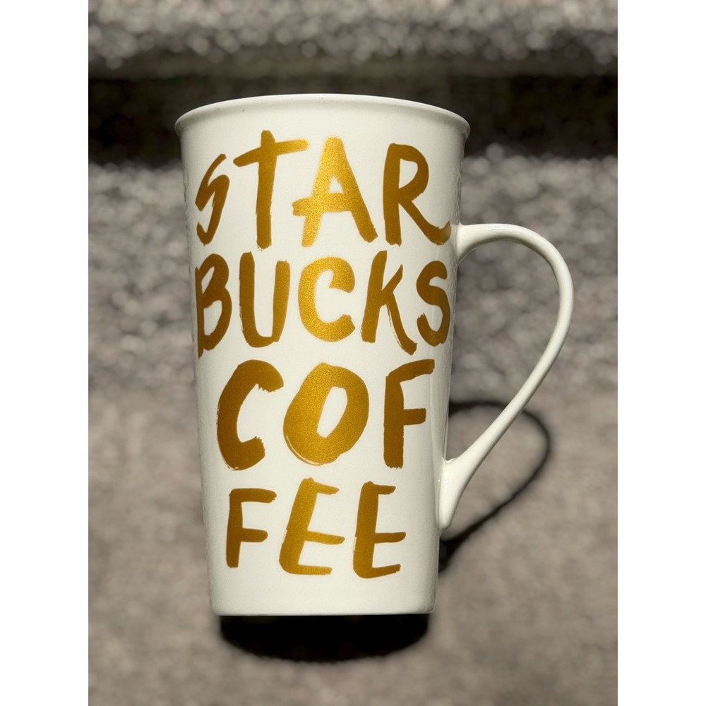 2015 Starbucks Graffiti Latte Mug Gold & White Typography Coffee/Tea Cup 16oz
